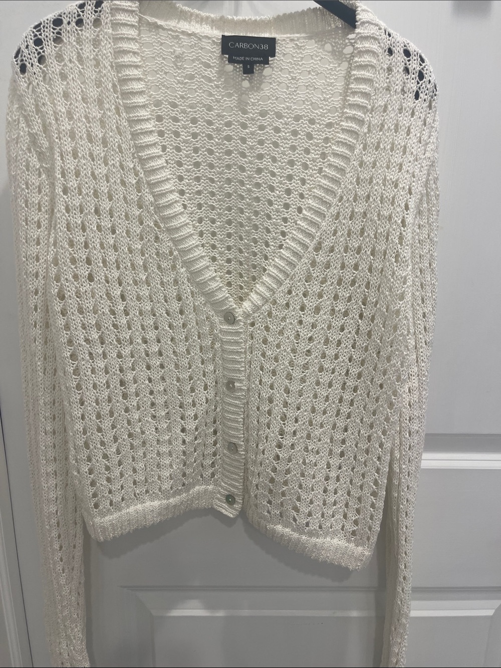Carbon38 Ivory Open-Knit V-Neck Button Front Cardigan